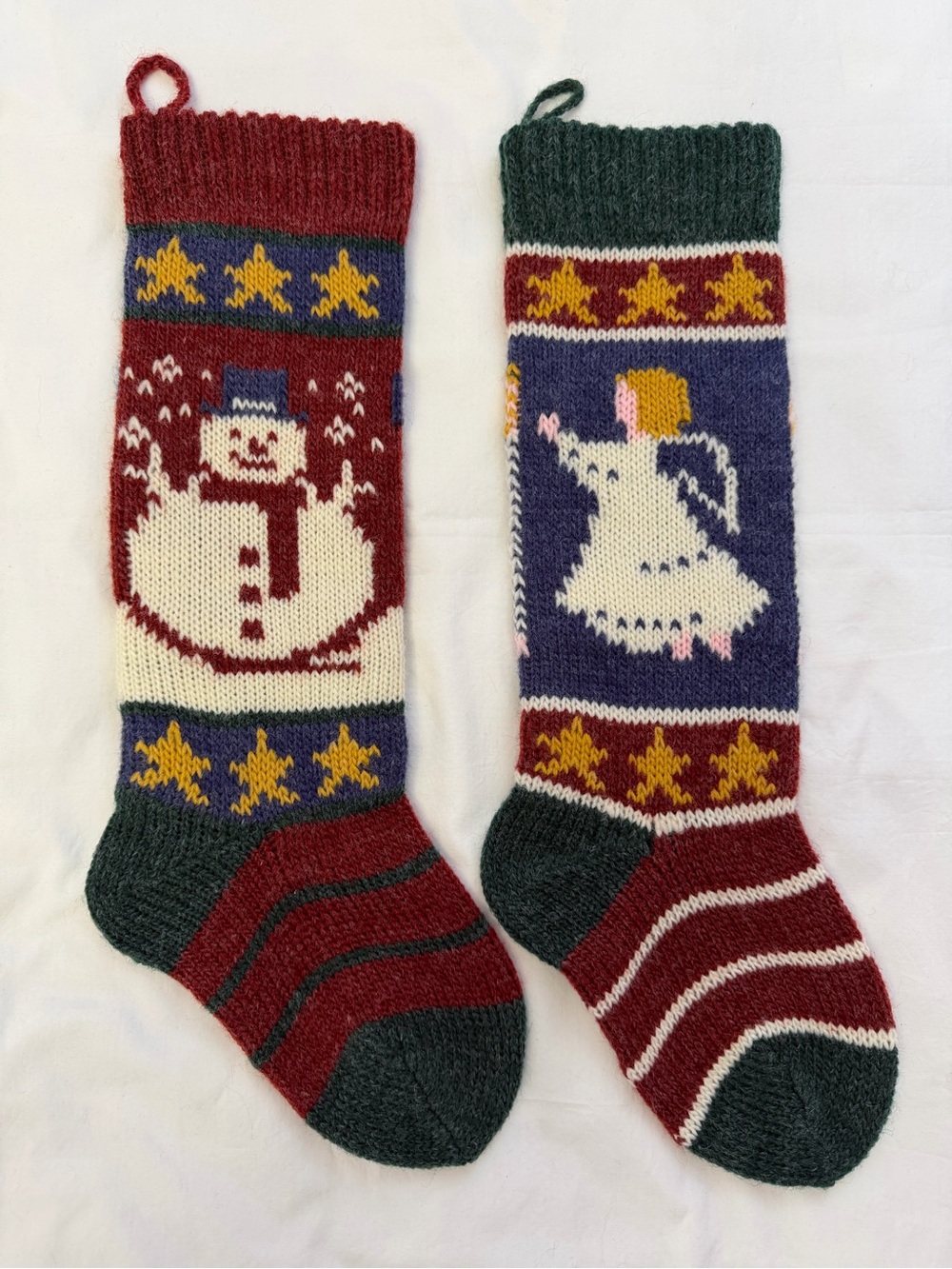 Handmade Holiday Knit Christmas Stockings - Snowman & Angel New